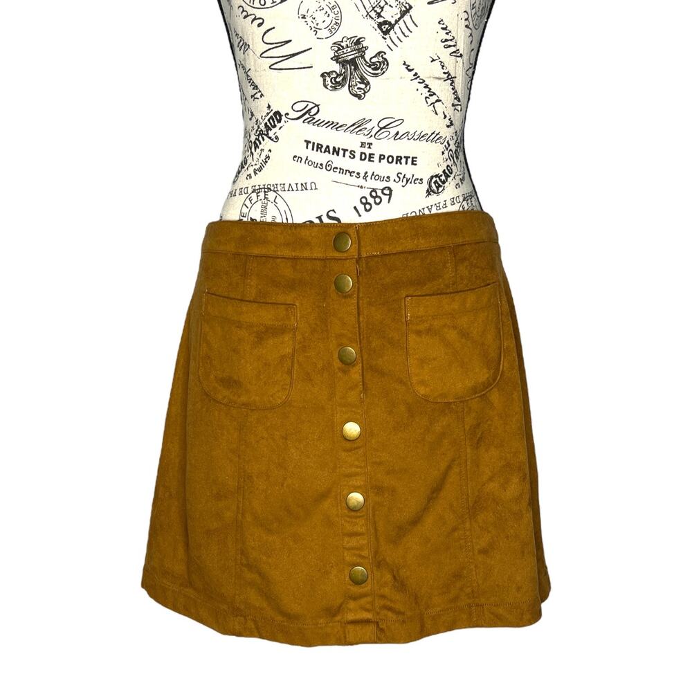 Garage (S) Brown Button Front 2 Square Pocket Faux Suede A-Line Skirt